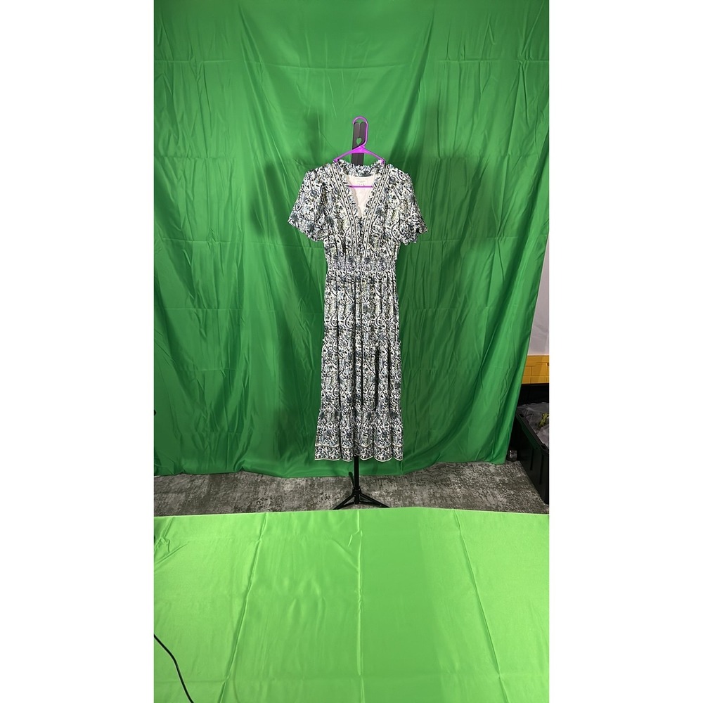 Max Studio London Floral Paisley Tiered Midi Dress Navy Blue Small